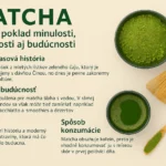 Matcha – zelený prášok, tradičné náradie na prípravu a miska so šľahanou matchou na svetlom pozadí. Infografika s históriou, trendmi a spôsobom prípravy matchy.