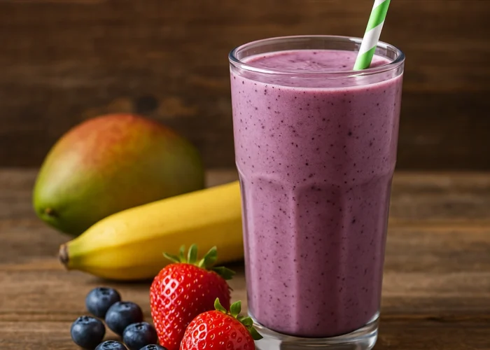 Sklenený pohár so smoothie na drevenom stole – zdravý nápoj s ovocím a bylinkami