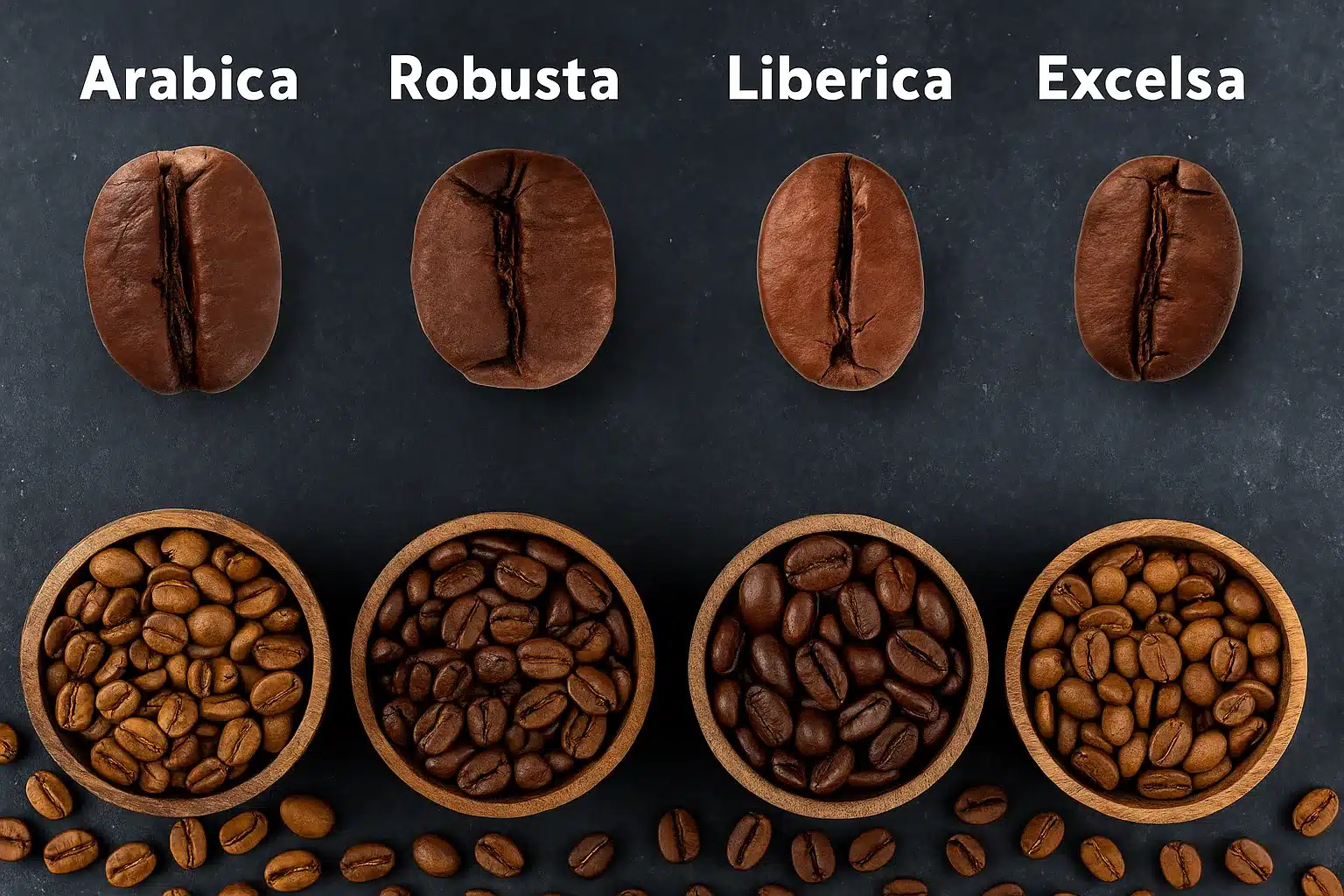 Druhy kávových zŕn – vizuálne porovnanie Druhy kávových zŕn – Arabica, Robusta, Liberica a Excelsa v miskách